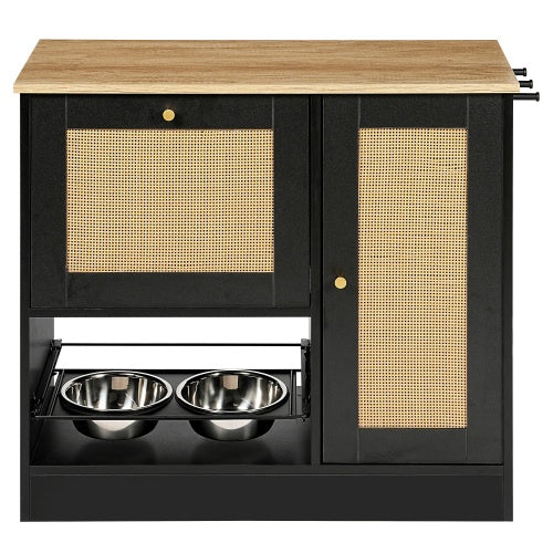 Feeding Station With 2 Lockers, Pet Feeding Station With 2 Elevated Dog Bowls, Side Hooks, Anti-tipping Kit, Hidden Pet Feeding Station For Feeding And Watering, Rattan Door, Black