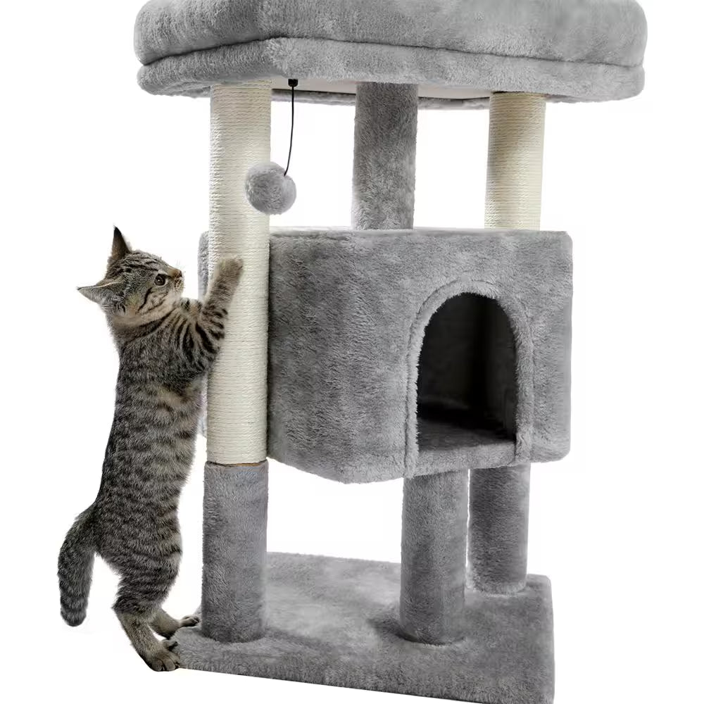 Small Cat Tree for Indoor Cats Polyester Plush Cat Tower with Beige Condos, Spacious Perch, Scratching Sisal Posts