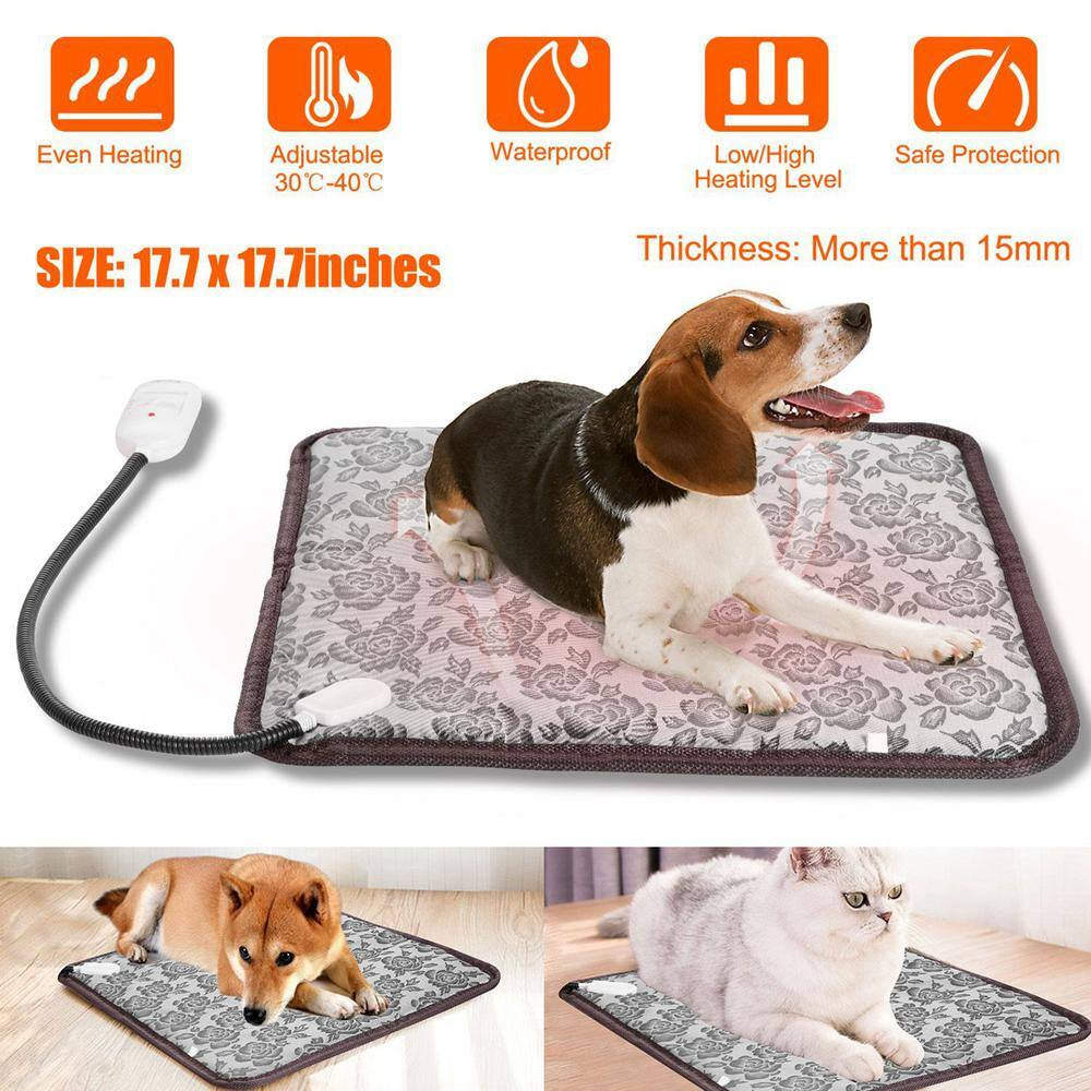 17.7 In. X 17.7 In. Pet Heating Pad Small Dog Cat Bed Electric Heating Mat Waterproof Adjustable Warming Blanket