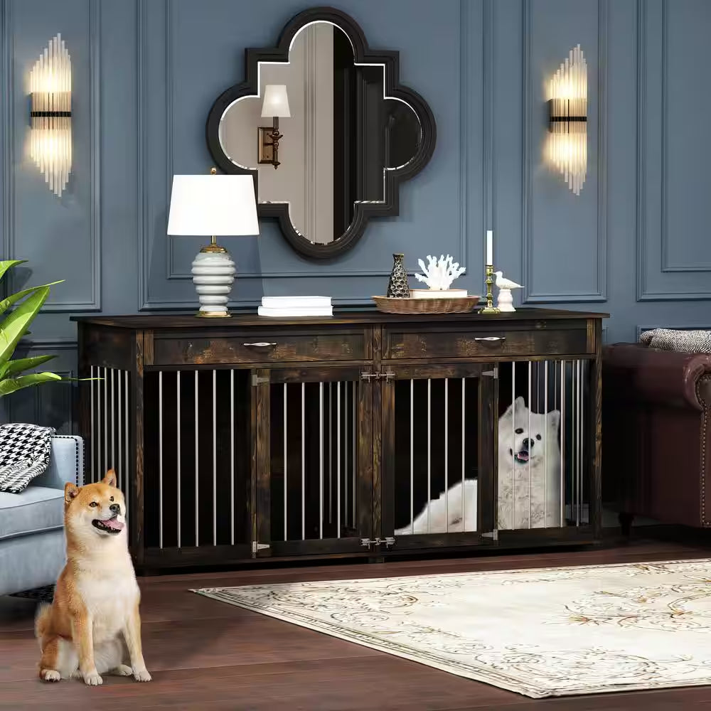 Modern Large Dog Kennel Furniture with 2-Drawers, Indestructible Dog Pens with Removable Irons for Dogs, Dark Tiger Skin