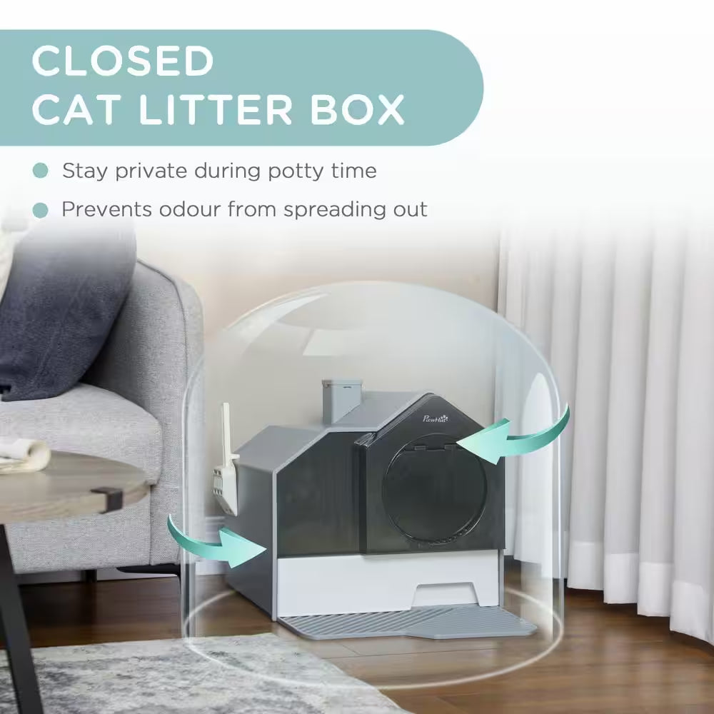 Hooded Cat Litter Box, Kitty Litter Pan with Litter Particle Catching, Drawer Type Pan, Scoop, Odor Control, Gray