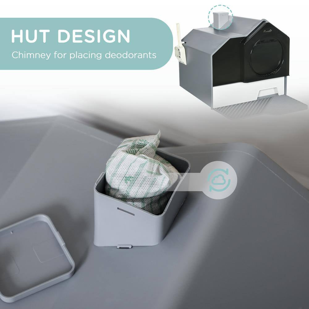 Hooded Cat Litter Box, Kitty Litter Pan with Litter Particle Catching, Drawer Type Pan, Scoop, Odor Control, Gray