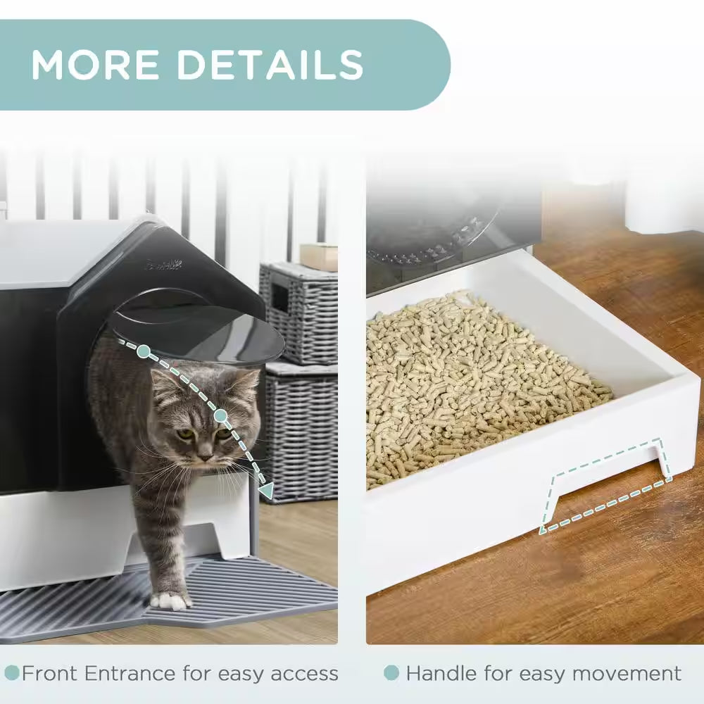 Hooded Cat Litter Box, Kitty Litter Pan with Litter Particle Catching, Drawer Type Pan, Scoop, Odor Control, Gray