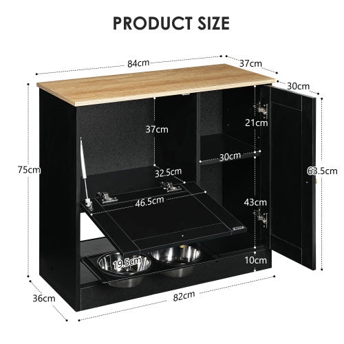 Feeding Station With 2 Lockers, Pet Feeding Station With 2 Elevated Dog Bowls, Side Hooks, Anti-tipping Kit, Hidden Pet Feeding Station For Feeding And Watering, Rattan Door, Black