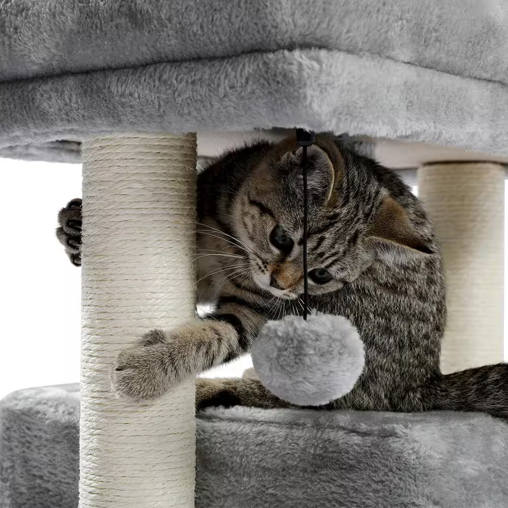Small Cat Tree for Indoor Cats Polyester Plush Cat Tower with Beige Condos, Spacious Perch, Scratching Sisal Posts