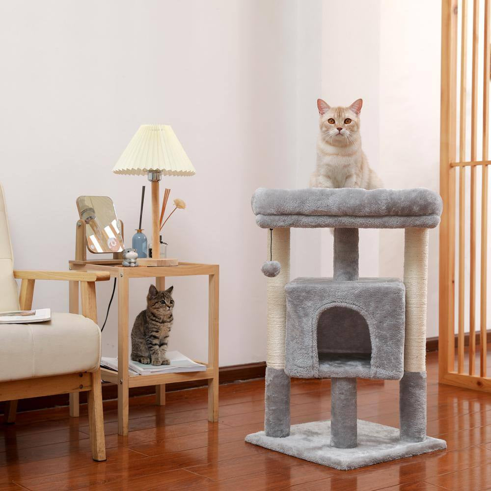 Small Cat Tree for Indoor Cats Polyester Plush Cat Tower with Beige Condos, Spacious Perch, Scratching Sisal Posts