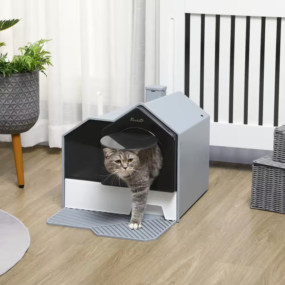 Hooded Cat Litter Box, Kitty Litter Pan with Litter Particle Catching, Drawer Type Pan, Scoop, Odor Control, Gray